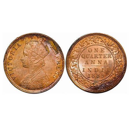 Victoria Empress, Copper, Quarter Anna, 1889, Calcutta Mint, B/II, No mint mark. F. Prid 8