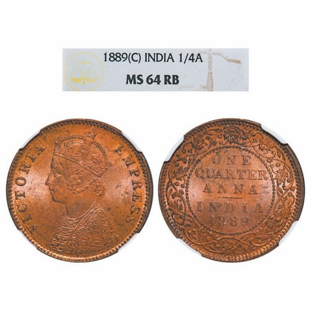 Victoria Empress, Copper, Quarter Anna, 1889, Calcutta Mint, B/II, No mint mark. F. Prid 6