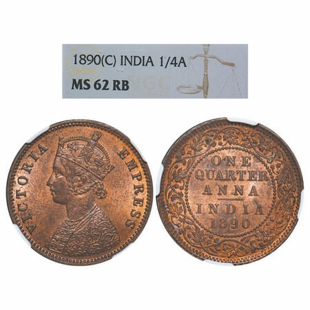 Victoria Empress, Copper, Quarter Anna, 1890, Calcutta Mint, B/II, No mint mark. F. Prid 6