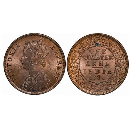 Victoria Empress, Copper, Quarter Anna, 1891, Calcutta Mint, B/II, No mint mark, Ghost on 