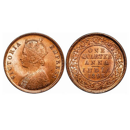 Victoria Empress, Copper, Quarter Anna, 1893, Calcutta Mint, B/II, No mint mark. F. Prid 6