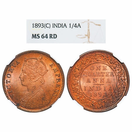 Victoria Empress, Copper, Quarter Anna, 1893, Calcutta Mint, B/II, No mint mark. F. Prid 6