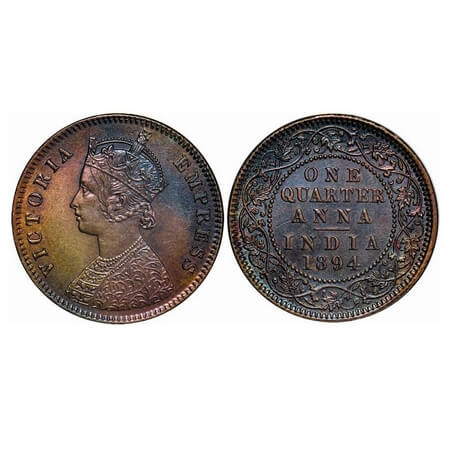 Victoria Empress, Copper, Quarter Anna, 1894, Calcutta Mint, B/II, No mint mark. F. Prid. 