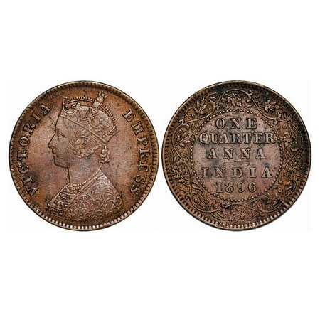 Victoria Empress, Copper, Quarter Anna, 1896, Calcutta Mint, B/II, No mint mark. F. Prid. 