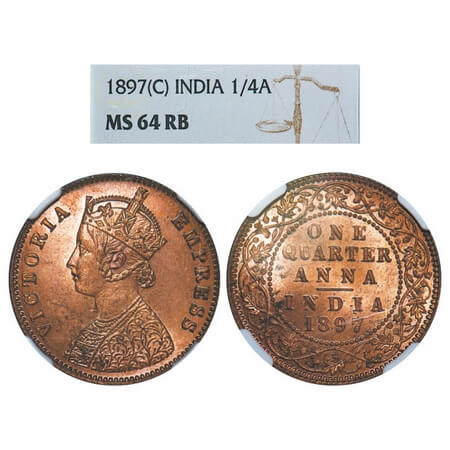 Victoria Empress, Copper, Quarter Anna, 1897, Calcutta Mint, B/II, No mint mark. F. Prid 6