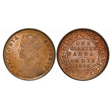 Victoria Empress, Copper, Quarter Anna, 1898, Calcutta Mint, B/II, No mint mark. F. Prid 6