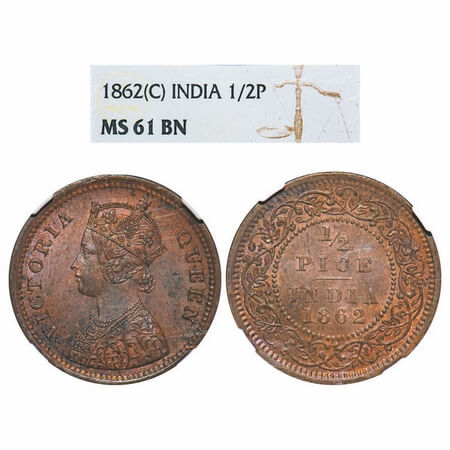 Victoria Queen, Copper, 1/2 Pice, 1862, Calcutta Mint, A/I. F. Prid 710. GK 401. NGC Slabb