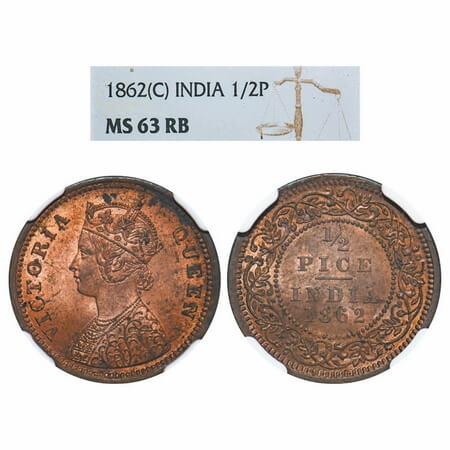 Victoria Queen, Copper, 1/2 Pice, 1862, Calcutta Mint, A/I. F. Prid 710. GK 401. NGC Slabb