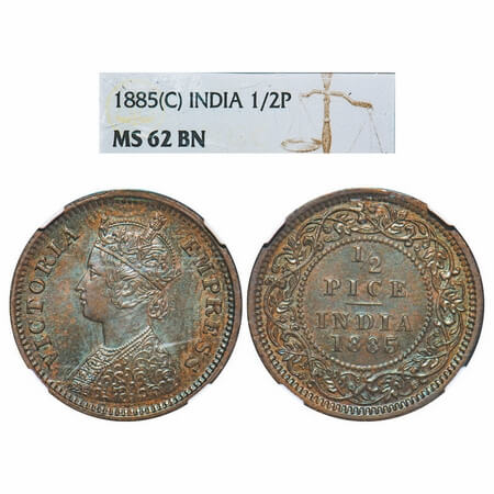 Victoria Empress, Copper, 1/2 Pice, 1885, Calcutta Mint, A/I, No mint mark. F. Prid 717. G