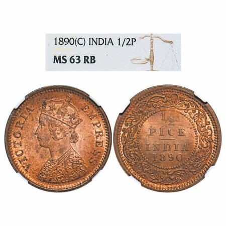 Victoria Empress, Copper, 1/2 Pice, 1890, Calcutta Mint, A/I, No mint mark. F. Prid 722. G