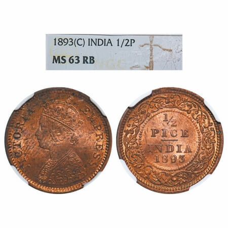 Victoria Empress, Copper, 1/2 Pice, 1893, Calcutta Mint, A/I, No mint mark. F. Prid 726. G
