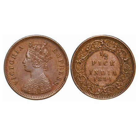 Victoria Empress, Copper, 1/2 Pice, 1894, Calcutta Mint, A/I, No mint mark. F. Prid 727. G