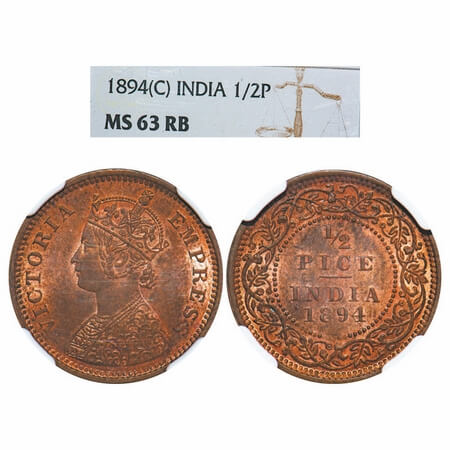 Victoria Empress, Copper, 1/2 Pice, 1894, Calcutta Mint, A/I, No mint mark. F. Prid 727. G