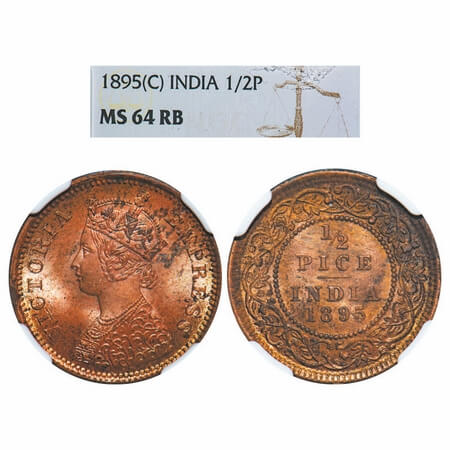 Victoria Empress, Copper, 1/2 Pice, 1895, Calcutta Mint, A/I, No mint mark. F. Prid 728. G