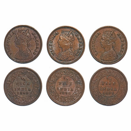Victoria Empress, Copper, 1/2 Pice, (3 coins), 1896, 1898, 1899, Calcutta Mint, A/I, No mi