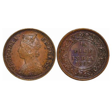 Victoria Empress, Copper, 1/2 Pice, 1897, Calcutta Mint, A/I, No mint mark, Complete skull