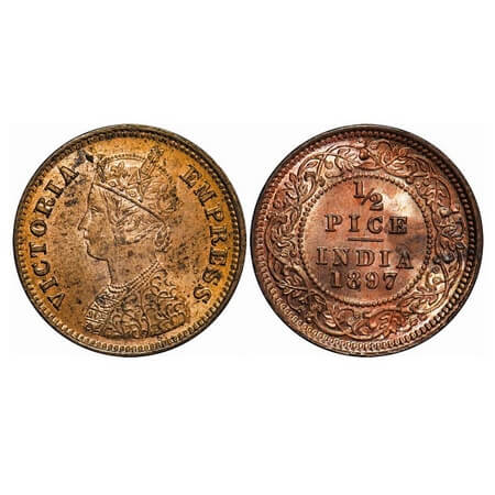 Victoria Empress, Copper, 1/2 Pice, 1897, Calcutta Mint, A/I, No mint mark. F. Prid 730. G