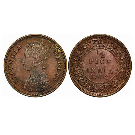 Victoria Empress, Copper, 1/2 Pice, 1898, Calcutta Mint, A/I, No mint mark, Ghost on Rev, 