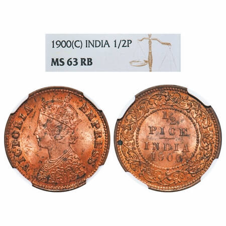 Victoria Empress, Copper, 1/2 Pice, 1900, Calcutta Mint, A/I, No mint mark. F. Prid 733. G