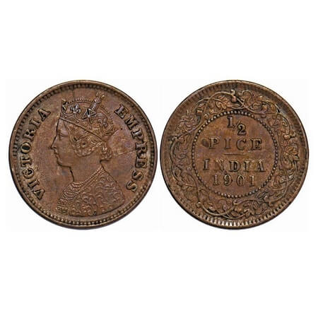 Victoria Empress, Copper, 1/2 Pice, 1901, Calcutta Mint, A/I, No mint mark, Die cracks on 