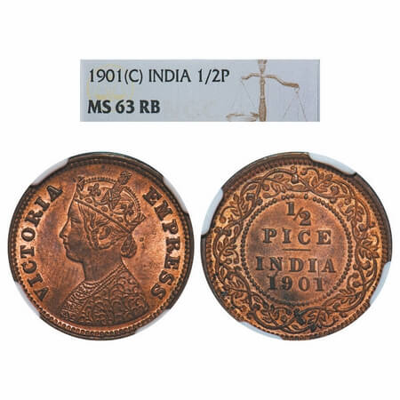 Victoria Empress, Copper, 1/2 Pice, 1901, Calcutta Mint, A/I, No mint mark. F. Prid 734. G