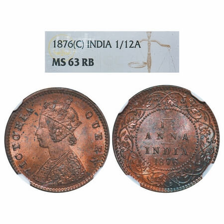 Victoria Queen, Copper, 1/12 Anna, 1876, Calcutta Mint, Obv A, No mint mark. F. Prid 785. 