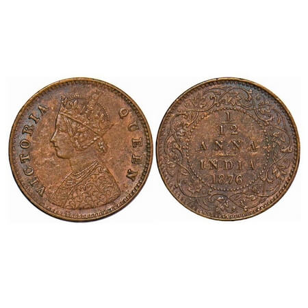 Victoria Queen, Copper, 1/12 Anna, 1876, Calcutta Mint, Obv A, No mint mark. F. Prid 785. 