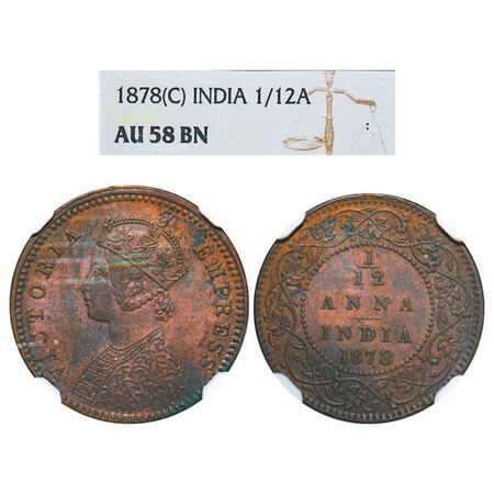 Victoria Empress, Copper, 1/12 Anna, 1878, Calcutta Mint, Obv B, No mint mark. F. Prid 787