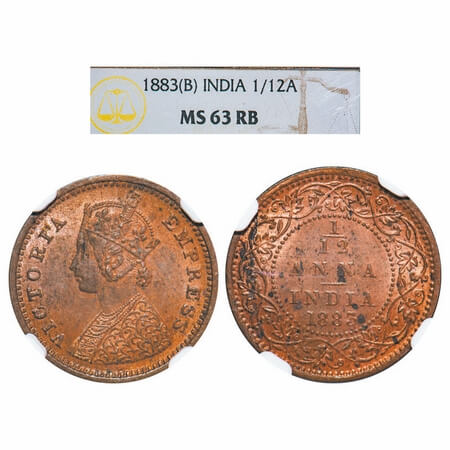 Victoria Empress, Copper, 1/12 Anna, 1883, Bombay Mint, Obv A, No mint mark. F. Prid. 811.