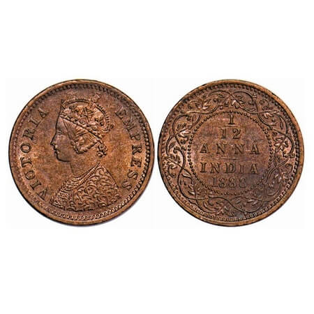 Victoria Empress, Copper, 1/12 Anna, 1888, Bombay Mint, Obv A, No mint mark. F. Prid 815. 
