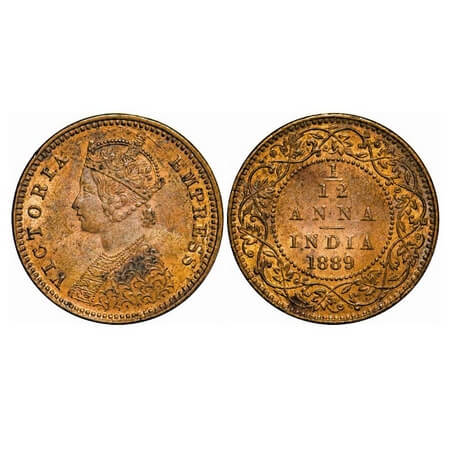 Victoria Empress, Copper, 1/12 Anna, 1889, Calcutta Mint, Obv 'B', No mint mark. F. Prid 7