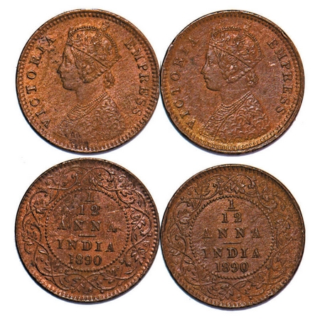 Victoria Empress, Copper, 1/12 Anna, 1890, (2 coins), Calcutta Mint, Obv B, No mint mark. 