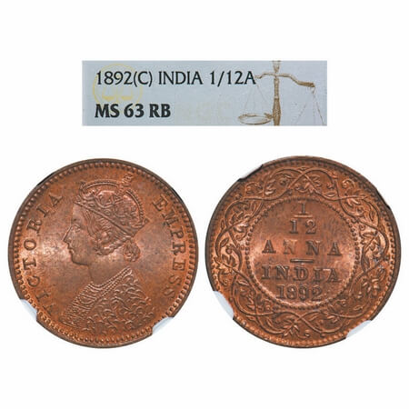 Victoria Empress, Copper, 1/12 Anna, 1892, Calcutta Mint, Obv B, No mint mark. F. Prid 797