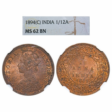 Victoria Empress, Copper, 1/12 Anna, 1894, Calcutta Mint, Obv B, No mint mark. F. Prid 799