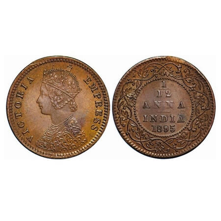 Victoria Empress, Copper, 1/12 Anna, 1895, Calcutta Mint, Obv B, No mint mark, Multiple di
