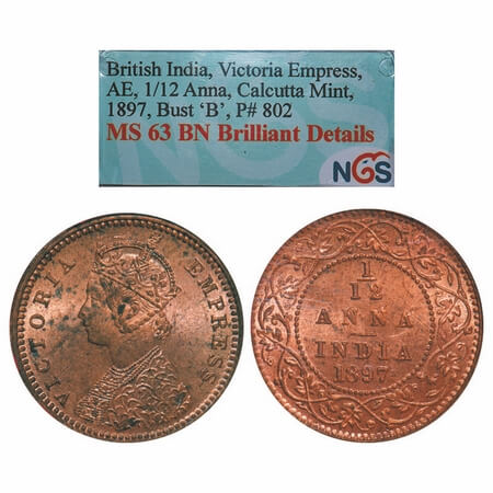 Victoria Empress, Copper, 1/12 Anna, 1897, Calcutta Mint, Obv B, No mint mark. GK 906. F. 