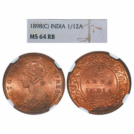 Victoria Empress, Copper, 1/12 Anna, 1898, Calcutta Mint, Obv B, No mint mark. F. Prid 803