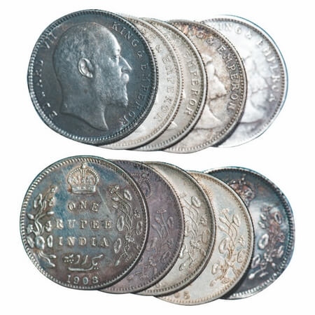 Edward VII, Silver, Rupee, (5 coins), 1) 1903, Calcutta Mint, No mint mark, 2) 1905, Bomba