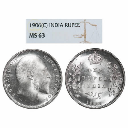 Edward VII, Silver, Rupee, 1906, Calcutta Mint, No mint mark. F. Prid 192. GK 938. NGC Sla