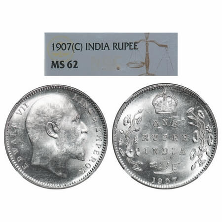 Edward VII, Silver, Rupee, 1907, Calcutta Mint, No mint mark. F. Prid 193. GK 942. NGC Sla