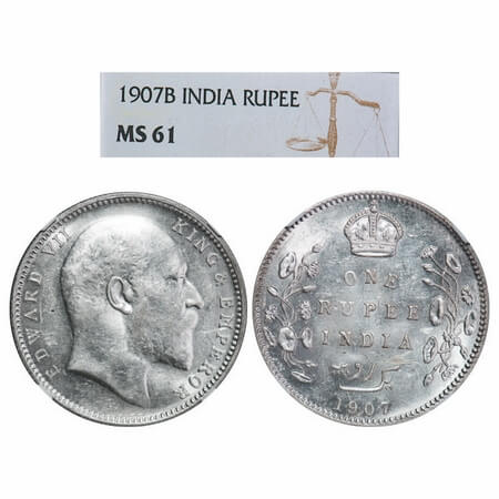 Edward VII, Silver, Rupee, 1907, Bombay Mint, 'B' incused and dot. F. Prid. 203. GK 944. N