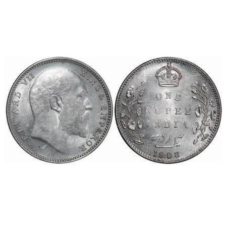 Edward VII, Silver, Rupee, 1908, Bombay Mint, 'B' incused and dot, Numeral 8 struck on num