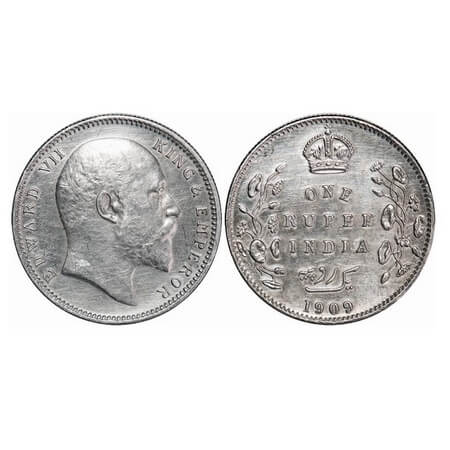 Edward VII, Silver, Rupee, 1909, Calcutta Mint, No mint mark. F. Prid. 204. GK 947. Almost