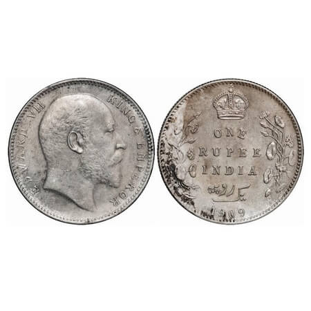 Edward VII, Silver, Rupee, 1909, Calcutta Mint, No mint mark. GK 950. About Uncirculated, 