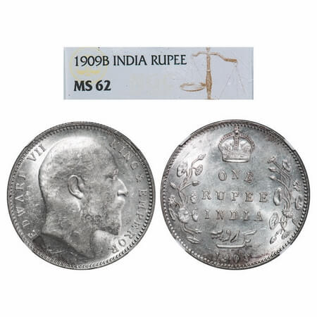 Edward VII, Silver, Rupee, 1909, Bombay Mint, 'B' incused and dot. F. Prid 205. GK 952. NG