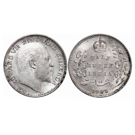 Edward VII, Silver, Half Rupee, 1905, Calcutta Mint, No mint mark. F. Prid 309. GK 960. Un