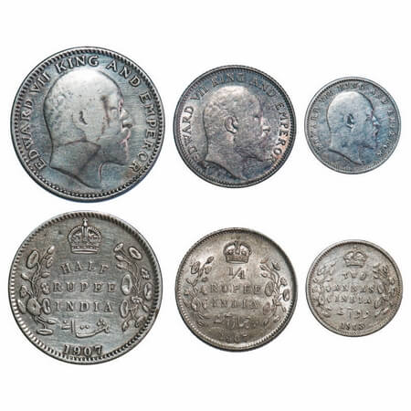 Edward VII, Silver, (3 coins), 1) Half Rupee, 1907, Calcutta Mint, No mint mark, 2) 1/4 Ru