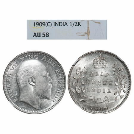 Edward VII, Silver, Half Rupee, 1909, Calcutta Mint, No mint mark. F. Prid 313. GK 969. NG
