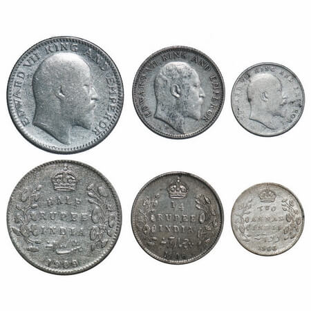 Edward VII, Silver, (3 coins), 1) Half Rupee, 1909, Calcutta Mint, No mint mark, 2) 1/4 Ru