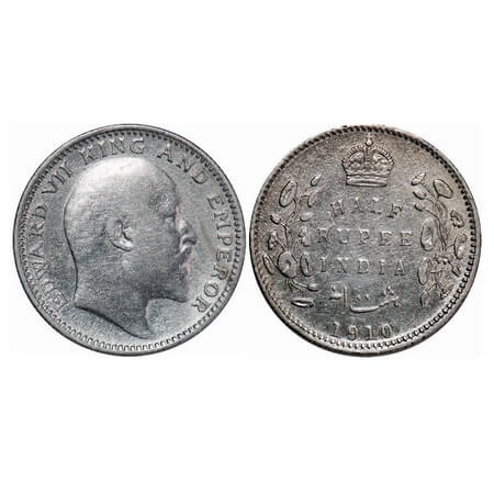 Edward VII, Silver, Half Rupee, 1910, Calcutta Mint, No mint mark. F. Prid 314. GK 971. Ab